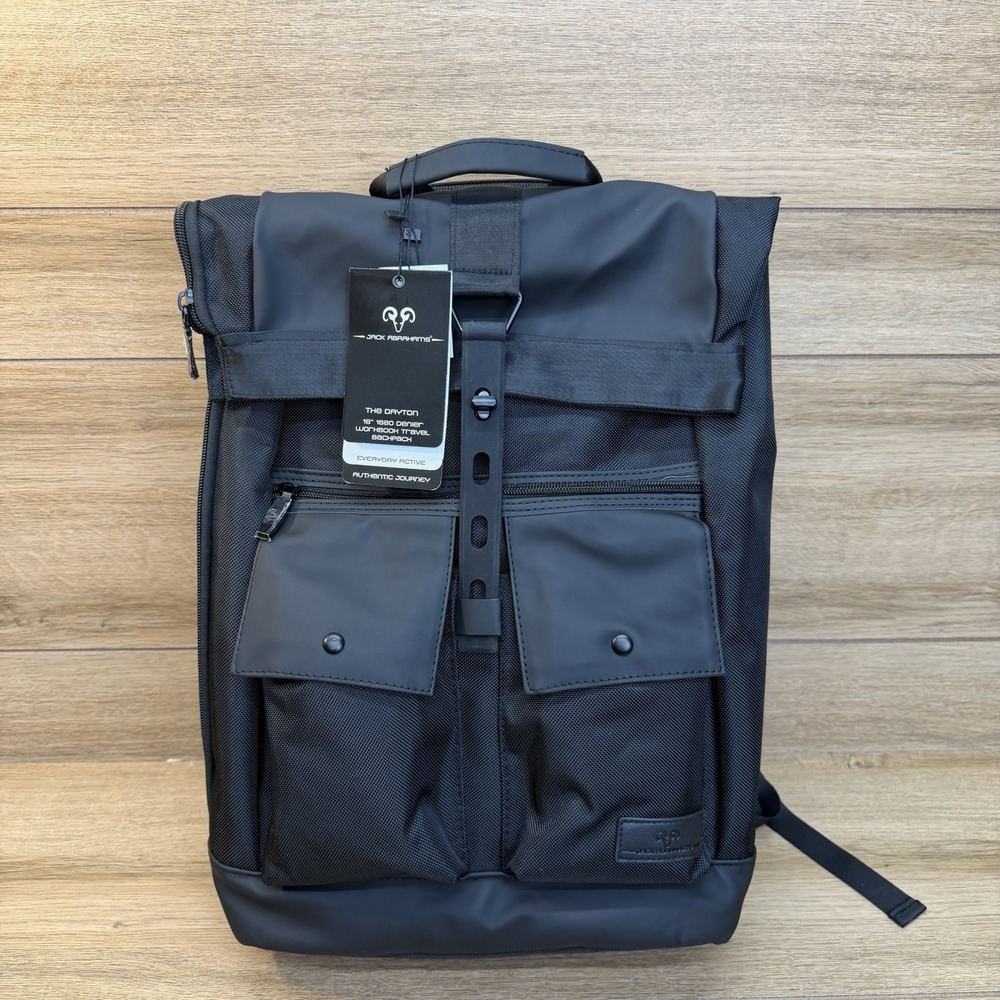 Jack Abrahams Black 18" The Dayton Nylon Laptop Travel Utility Backpack Bag